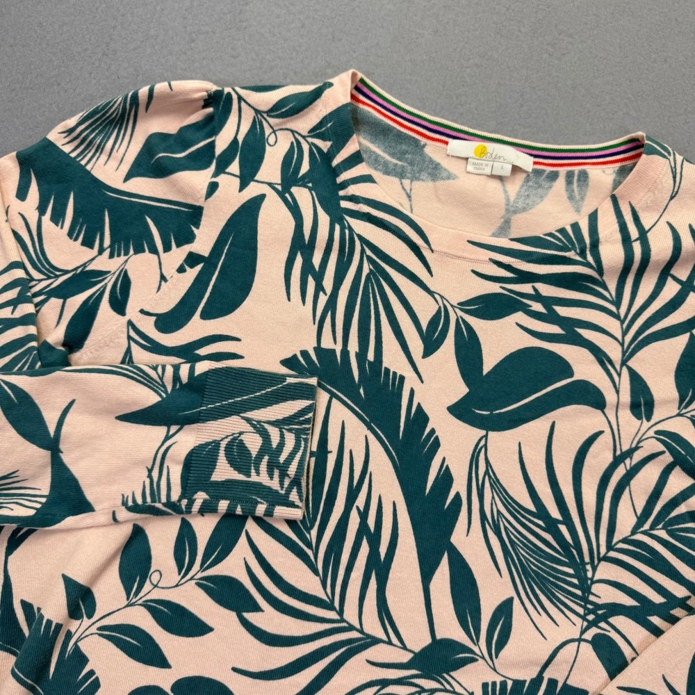 Boden Tropical Palm Leaf Crew Neck Cotton Blend Sweater Pink Green Large